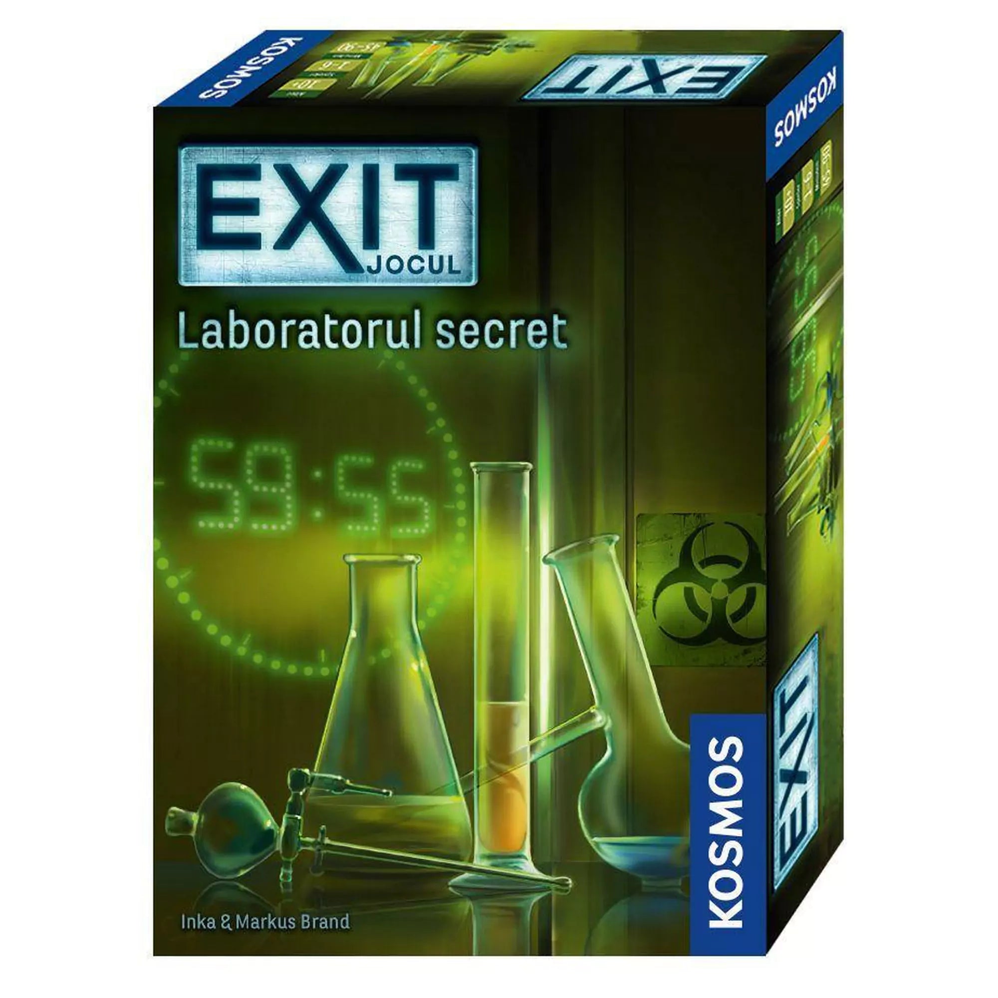 A "EXIT – Laboratorul secret" társasjáték dobozának előnézeti képe. A borítón digitális visszaszámláló (59:55) és különféle laboratóriumi lombikok, kémcsövek láthatók zöldes fényben, amely feszültségteljes hangulatot sugall. A játék címe román nyelven van feltüntetve.