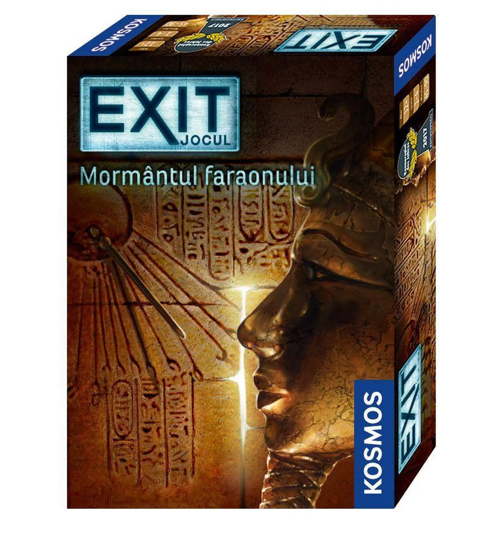 Az EXIT: Mormântul faraonului társasjáték doboza, amelyen egy aranyszínű fáraószobor látható hieroglifákkal díszített fal előtt, misztikus fényekkel megvilágítva.