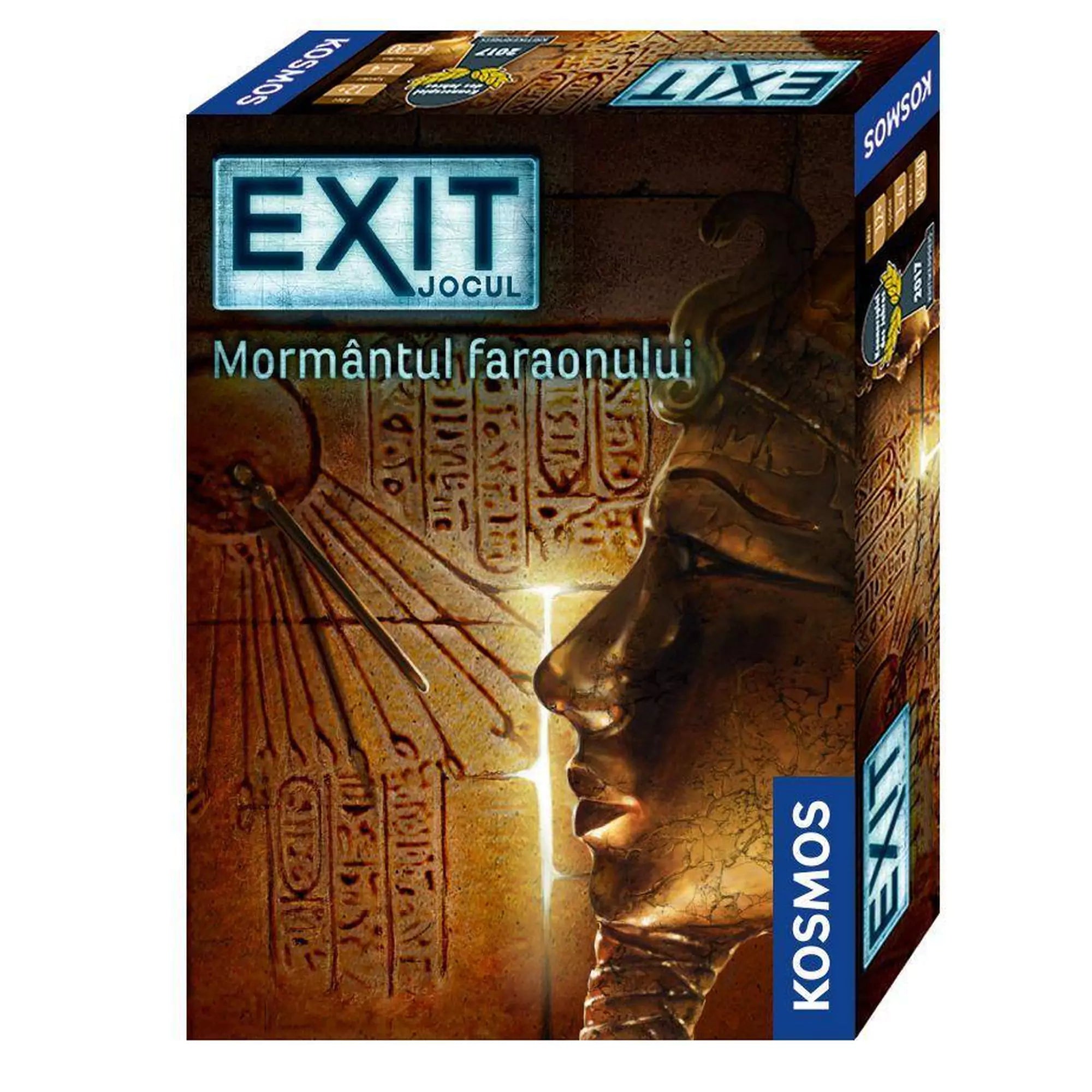 Az EXIT: Mormântul faraonului társasjáték doboza, amelyen egy aranyszínű fáraószobor látható hieroglifákkal díszített fal előtt, misztikus fényekkel megvilágítva.