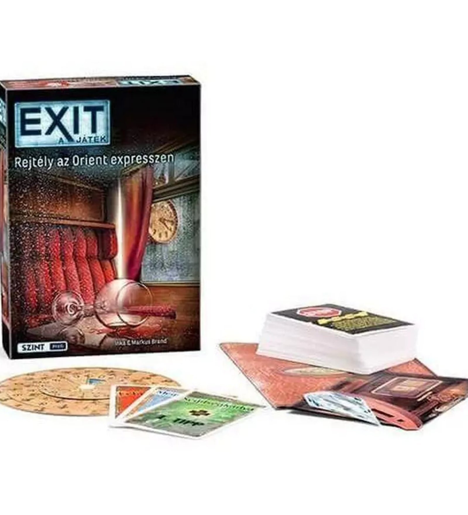 EXIT – Rejtély az Orient expresszen társasjáték doboza és tartozékai: játékkártyák, dekódtárcsa és egyéb rejtvénylapok, a híres vonat belsejét idéző grafikával.