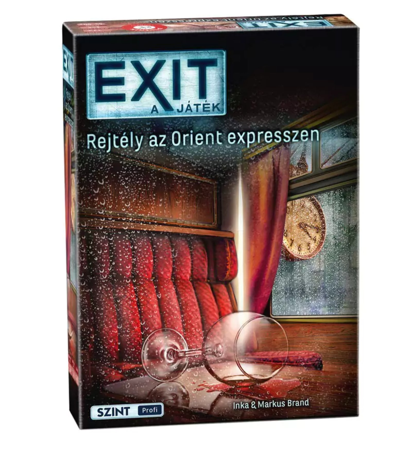 EXIT – Rejtély az Orient expresszen társasjáték doboza, amely egy vörös bársony fülkét, borospoharat és párás ablakot ábrázol, háttérben egy órával.
