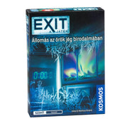 Az EXIT Állomás az örök jég birodalmában társasjáték doboza, amely fagyott ablakokat, sarki fényt és egy visszaszámláló órát ábrázol.