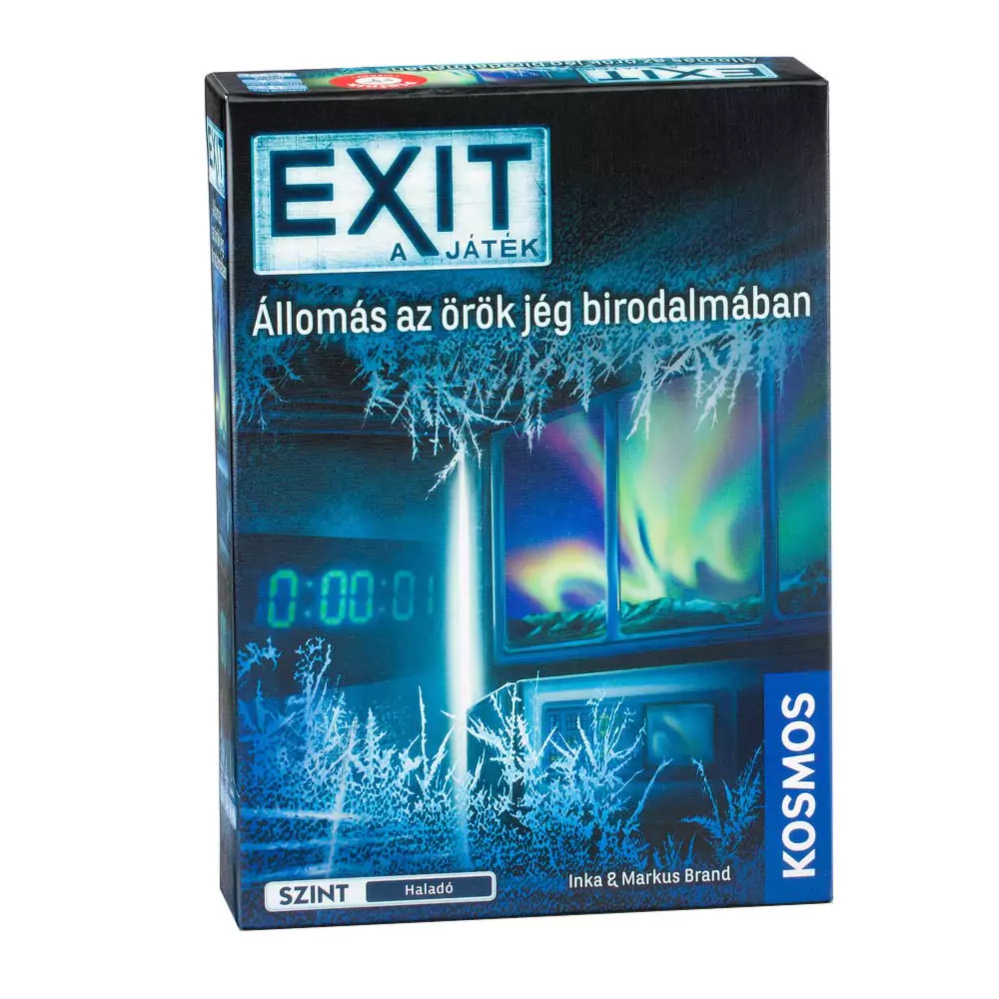 Az EXIT Állomás az örök jég birodalmában társasjáték doboza, amely fagyott ablakokat, sarki fényt és egy visszaszámláló órát ábrázol.