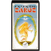 A képen az Eclectic Tarot nevű tarotkártya doboza látható, amelyet egy színes, művészi stílusú grafika díszít. A középpontban egy meztelen női alak táncol egy virágkoszorúval keretezett ovális mezőben, kezében két pálcával. A háttér pasztell árnyalatokkal és puha textúrával van megrajzolva, a keret élénk zöld és narancs tónusokkal ékesített. A doboz tetején a „ECLECTIC TAROT” felirat szerepel modern, kissé retró betűtípussal, alul pedig a kiadó logója látható.