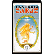 A képen az Eclectic Tarot nevű tarotkártya doboza látható, amelyet egy színes, művészi stílusú grafika díszít. A középpontban egy meztelen női alak táncol egy virágkoszorúval keretezett ovális mezőben, kezében két pálcával. A háttér pasztell árnyalatokkal és puha textúrával van megrajzolva, a keret élénk zöld és narancs tónusokkal ékesített. A doboz tetején a „ECLECTIC TAROT” felirat szerepel modern, kissé retró betűtípussal, alul pedig a kiadó logója látható.