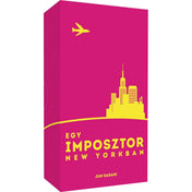 „Az Egy imposztor New Yorkban társasjáték élénk rózsaszín doboza sárga New York-i sziluettel.”