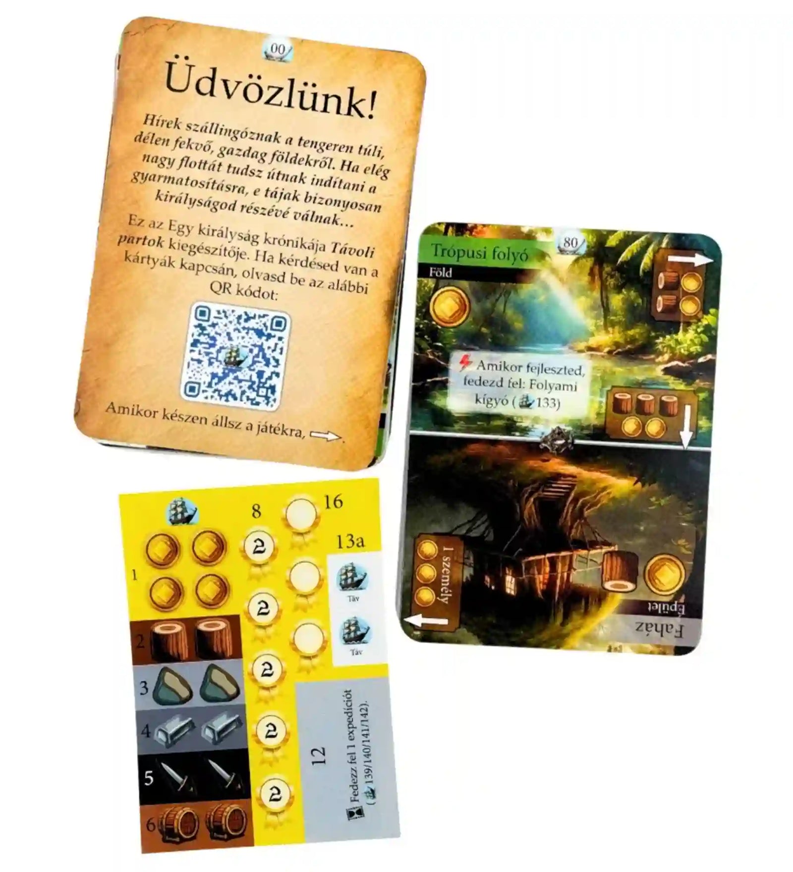 Az Egy királyság krónikája: Távoli partok kiegészítő játékkártyái, kezdőkártyája és matricalapja.