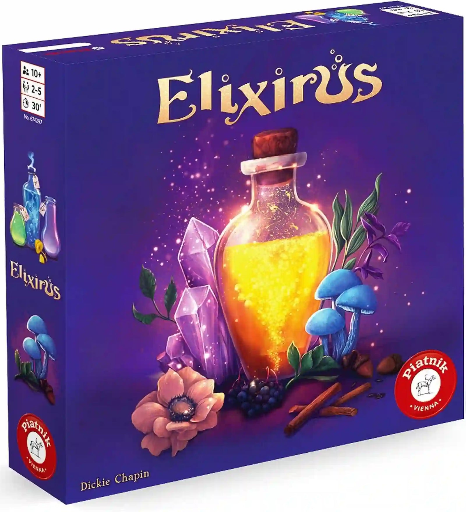 Az Elixirus társasjáték doboza, amelyet egy ragyogó varázsitalos üveg, kristályok, gombák és mágikus növények díszítenek. A dobozkép jól visszaadja a játék misztikus hangulatát és az alkímia világát.