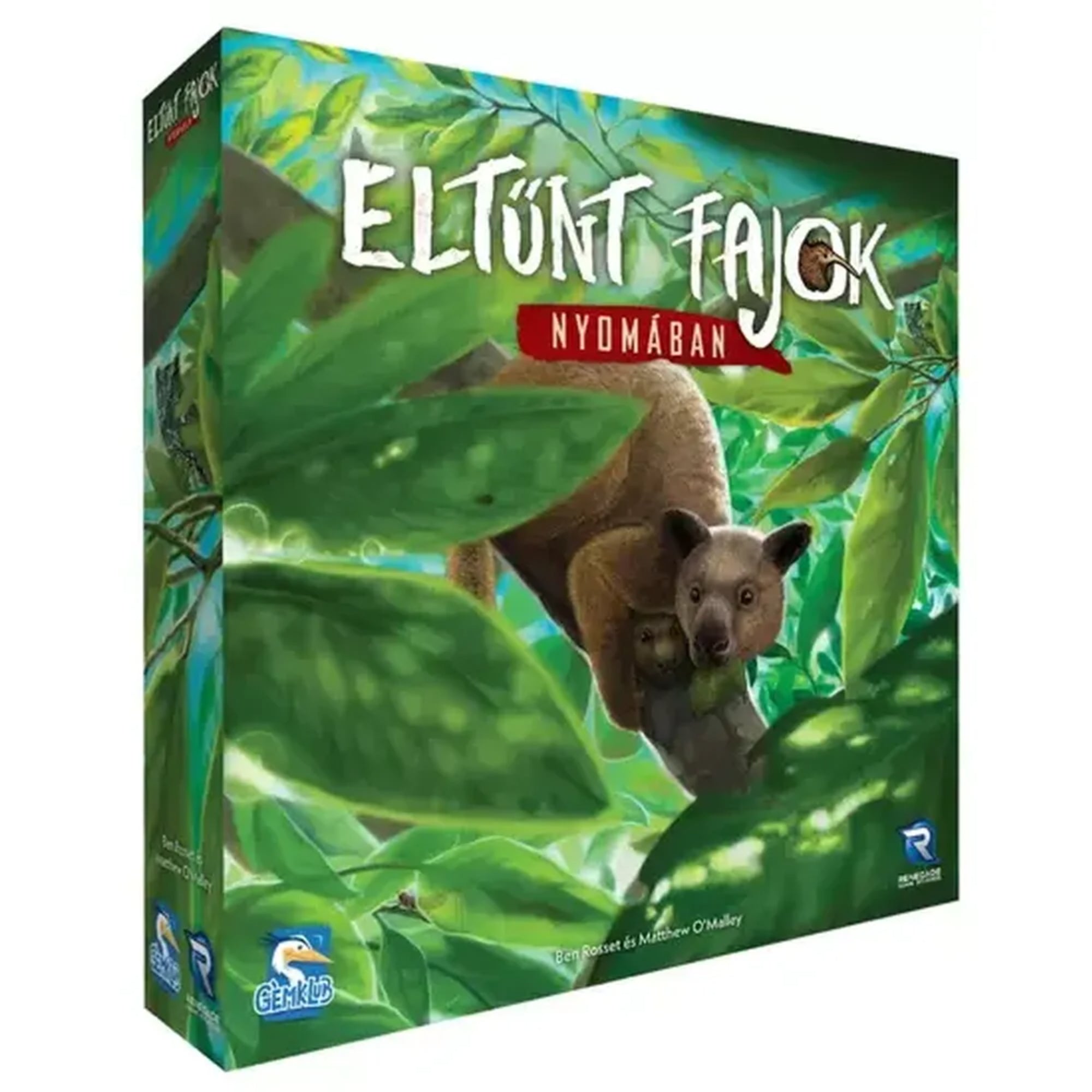 A képen az Eltűnt fajok nyomában társasjáték doboza látható. A borítón egy sűrű, zöld dzsungelbe rejtőzve figyelhetjük meg az egyik fő inspirációt adó állatot – egy különleges, lombkoronában élő emlőst. A doboz élénken zöld és természetközeli színekkel dolgozik, az illusztráció pedig sejtelmes, felfedezésre hívó hangulatot áraszt. A Gemklub és a Renegade Games logója is megjelenik, utalva a kiadóra, míg a cím izgalmas, kézzel írott stílusa a kaland és kutatás érzését kelti. 