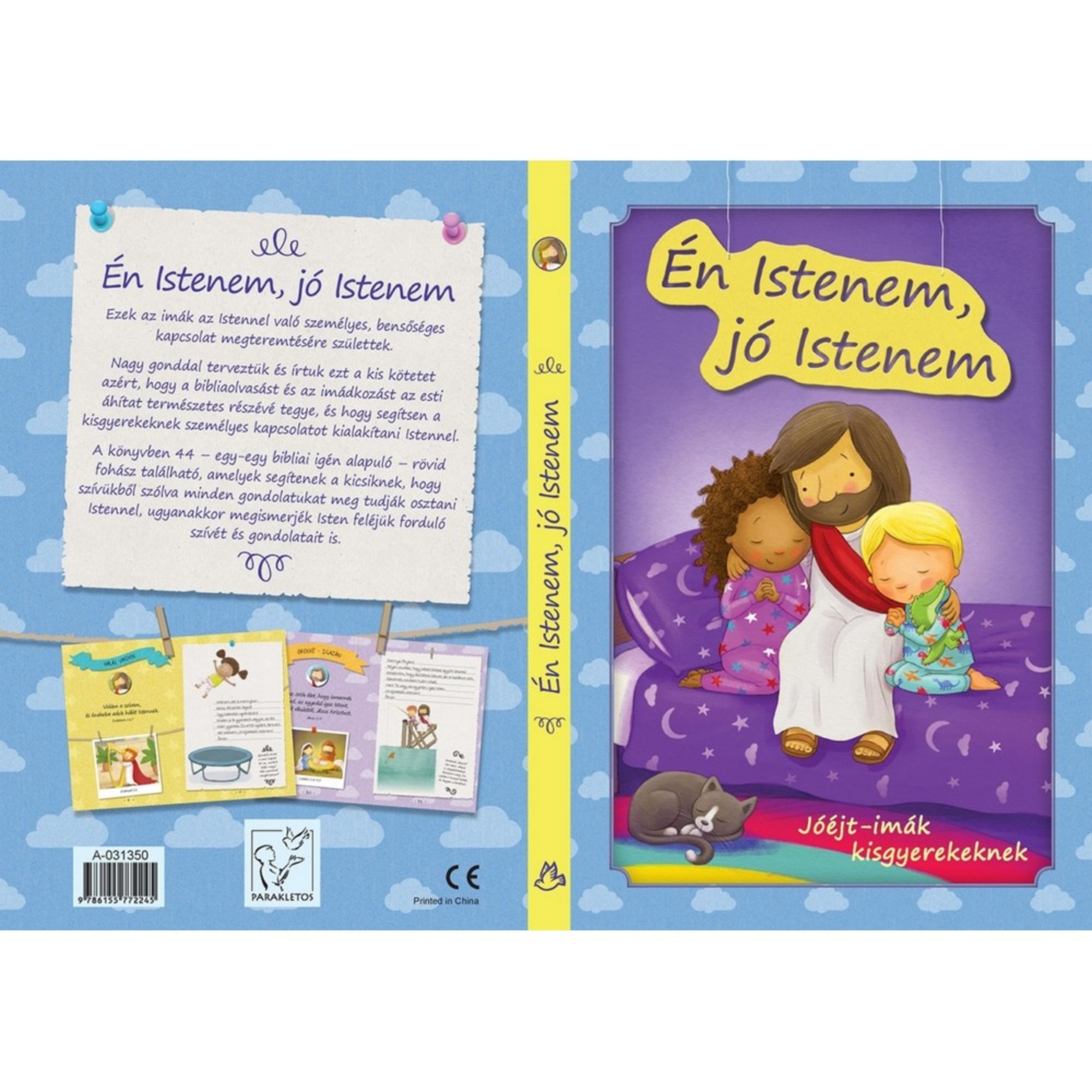Az Én Istenem, jó Istenem című gyerekkönyv teljes borítója, amelyen a hátlapon rövid ismertető, a gerincen a cím, az előlapján pedig Jézus látható két kisgyermekkel egy lila ágyon ülve, cicával a lábuknál.