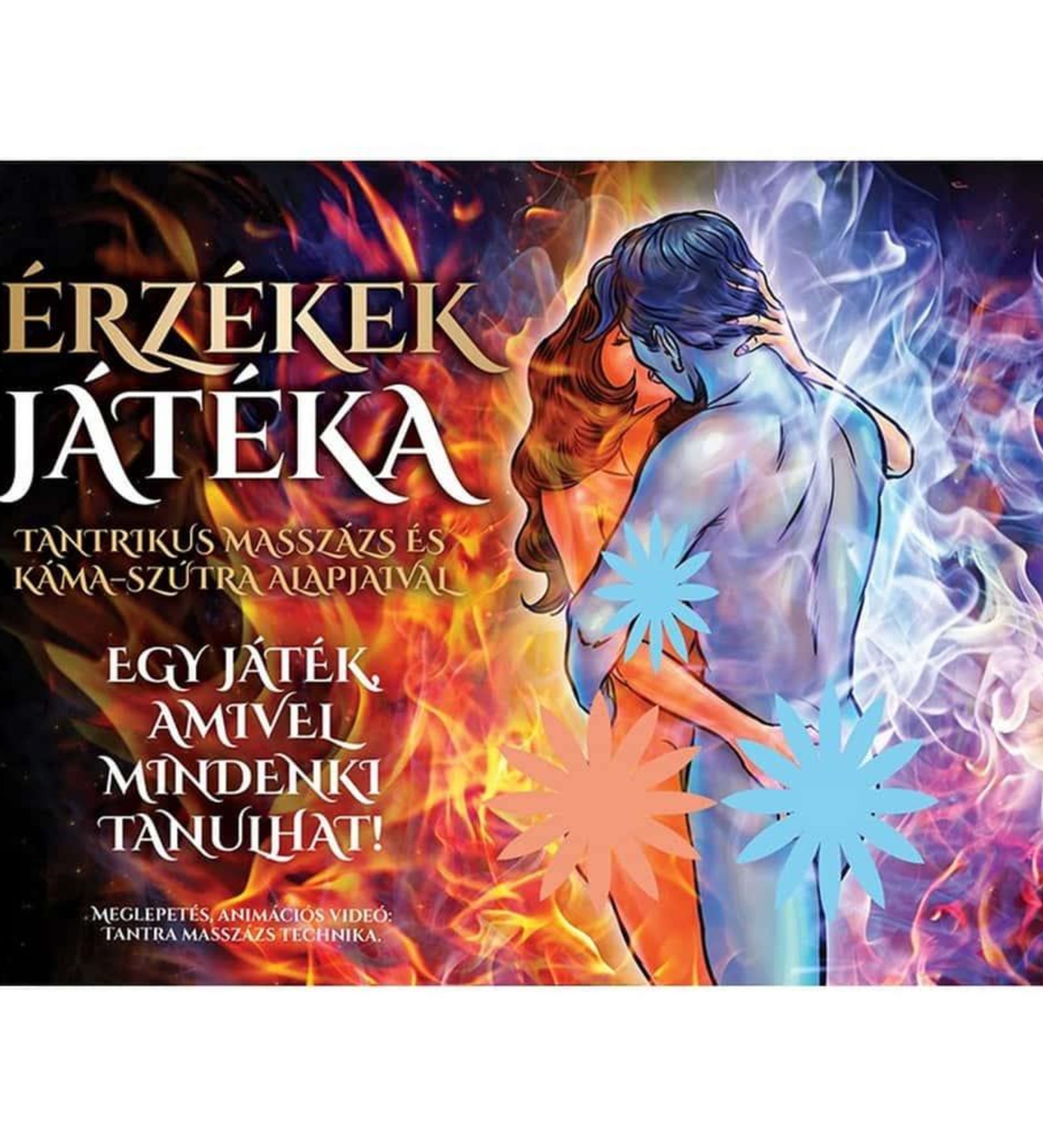 Érzékek Játéka társasjáték dobozborító – ölelkező pár grafikával, tűz és jég motívummal, tantrikus masszázs tematikával.