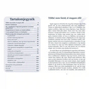 Érzelmi gyógyulás – könyv belső oldalak tartalomjegyzékkel: Nyitott könyv tartalomjegyzékkel és szöveges oldalakkal, az érzelmi gyógyulás témáit bemutató fejezetekkel.