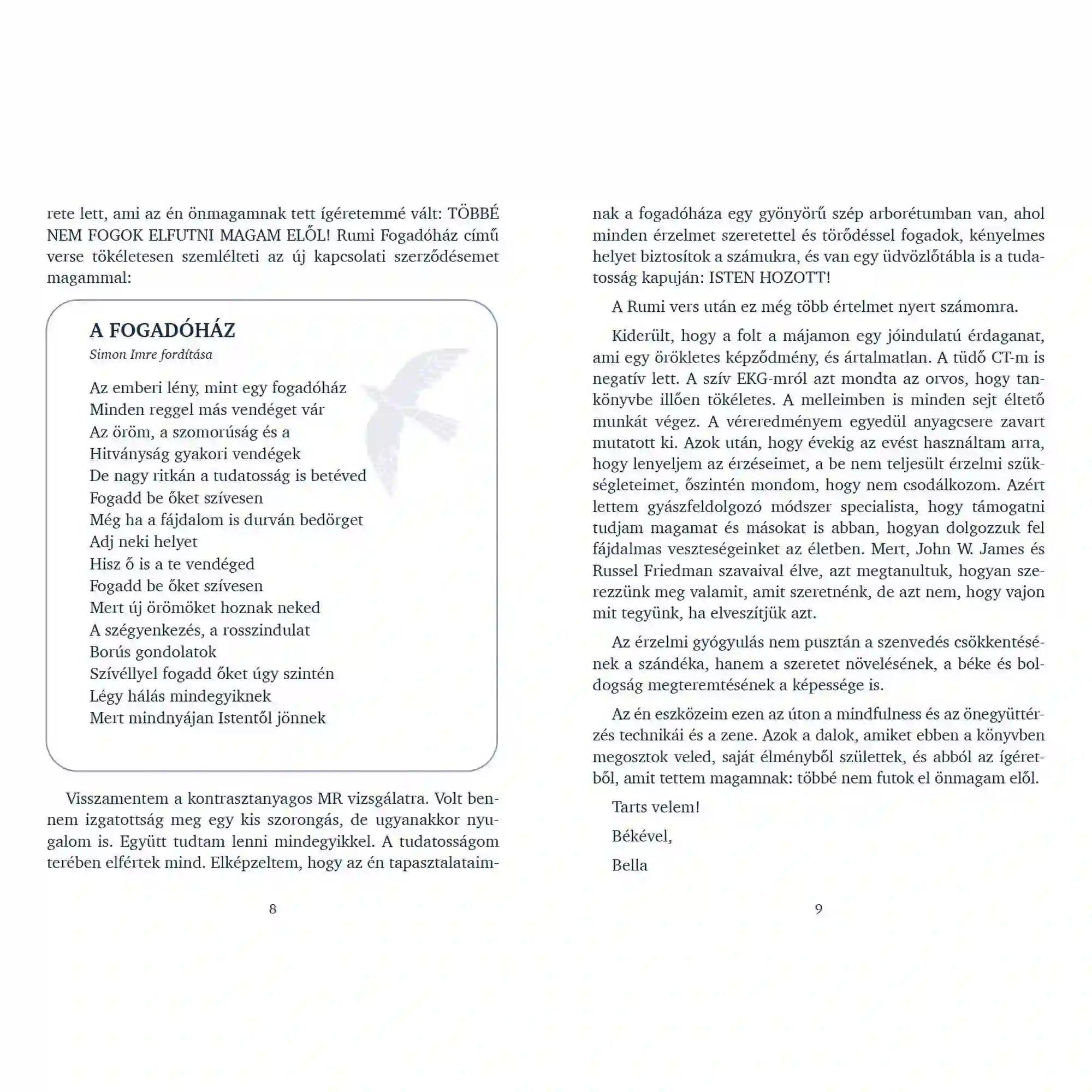Érzelmi gyógyulás – könyv belső oldalak szöveges fejezettel: Könyvoldalak részletes szöveggel és idézettel, önismereti és érzelmi feldolgozó tartalommal.