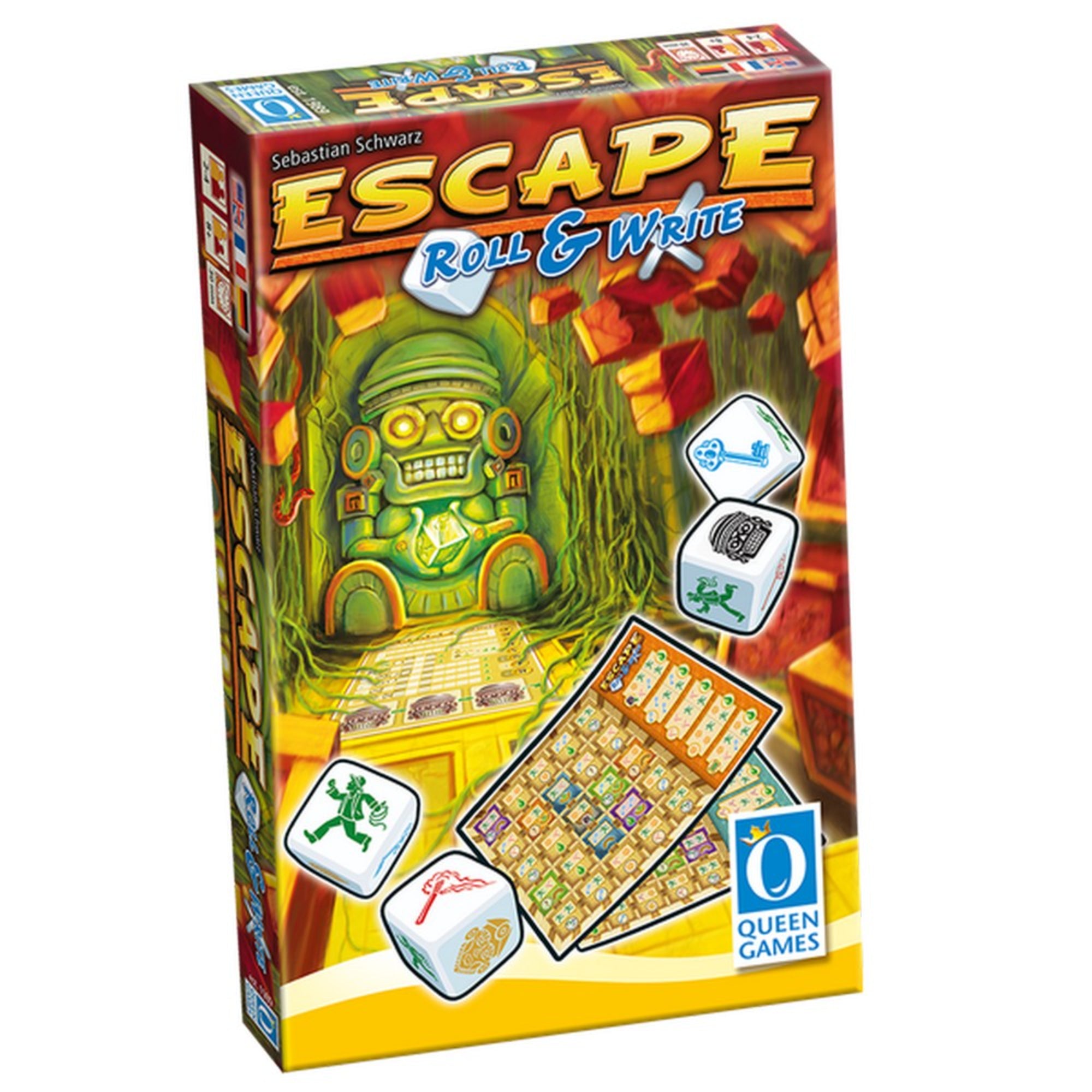 Az Escape: Roll & Write társasjáték doboza élénk, kalandos grafikával: dzsungelszentély, színes kockák és írható játéklapok láthatók a borítón.