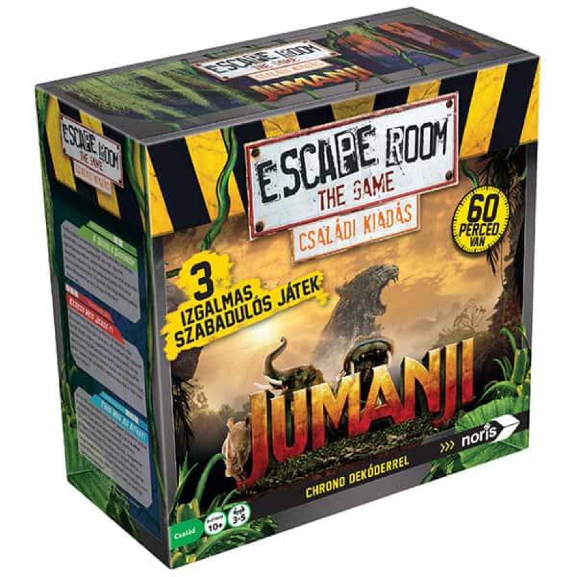 Escape Room The Game: Jumanji – Családi kiadás doboza dzsungel témájú grafikával, három izgalmas szabadulós játékot és Chrono Dekódert tartalmaz, 10 éves kortól ajánlott.