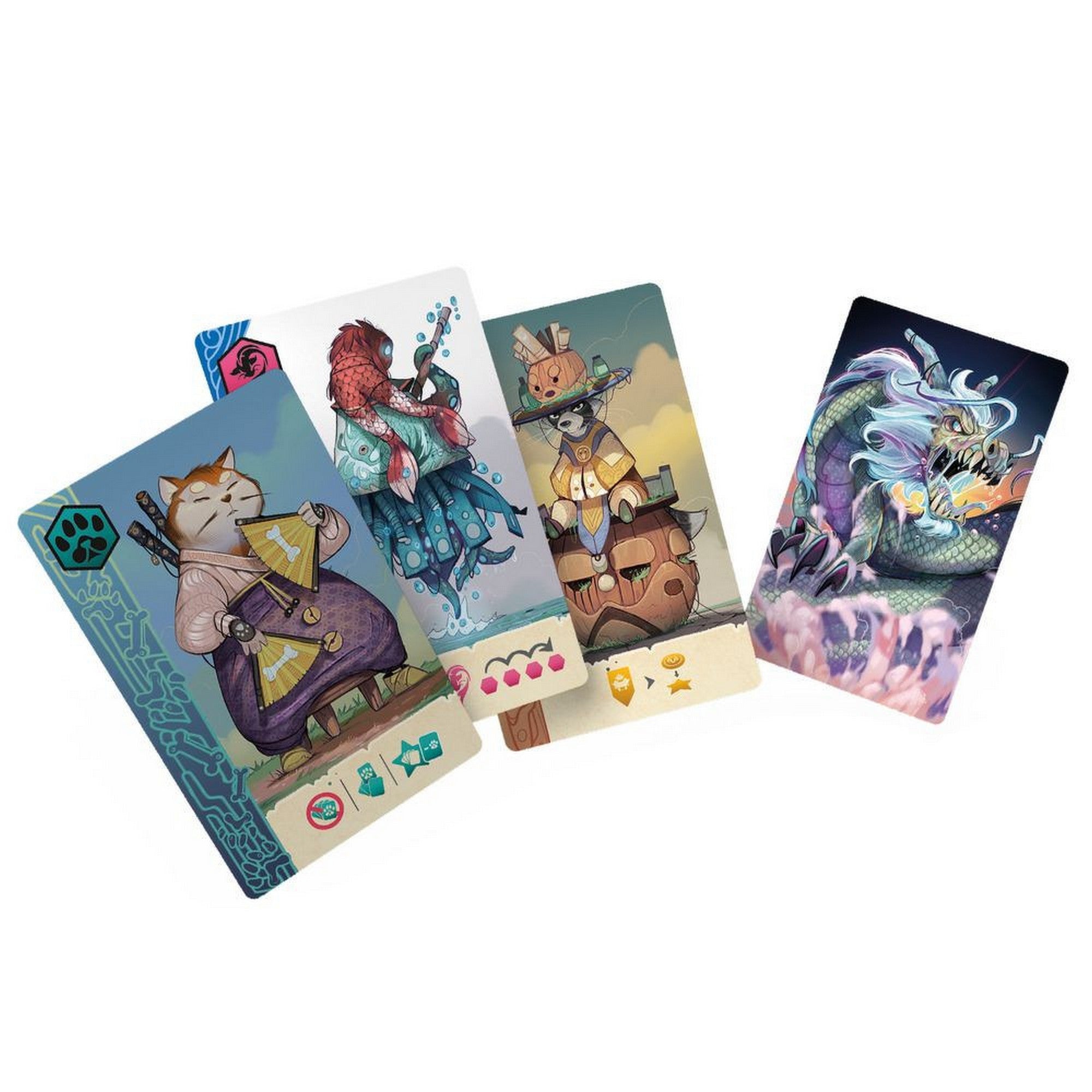 Ethnos – 2. kiadás fantasy karakterkártyái, különleges lényekkel és színes, művészi grafikával, például sárkánnyal és harcosokkal.