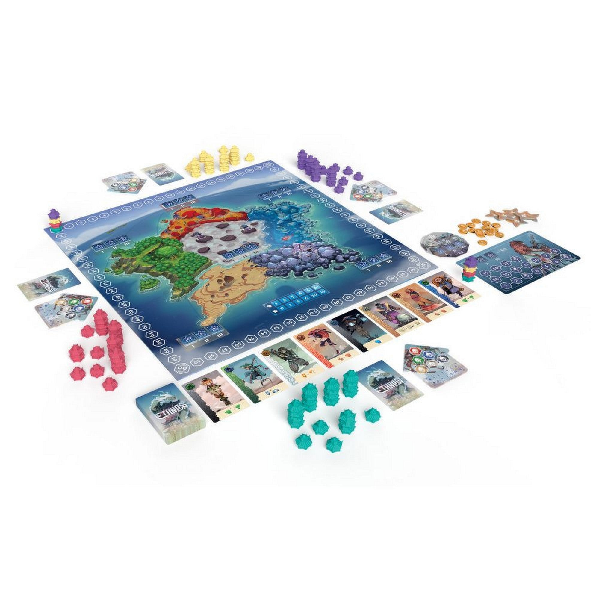 Az Ethnos – 2. kiadás teljes játéktartalma: játéktábla, karakterkártyák, színes pagoda figurák, jelzők és kiegészítők fehér háttéren.
