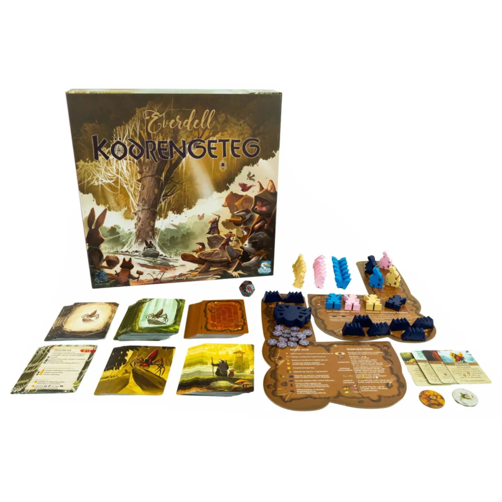 Everdell – Ködrengteg társasjáték – A doboz és a játékkiegészítő elemek kiterítve, kártyák, jelölők és játéktáblák fehér háttéren.