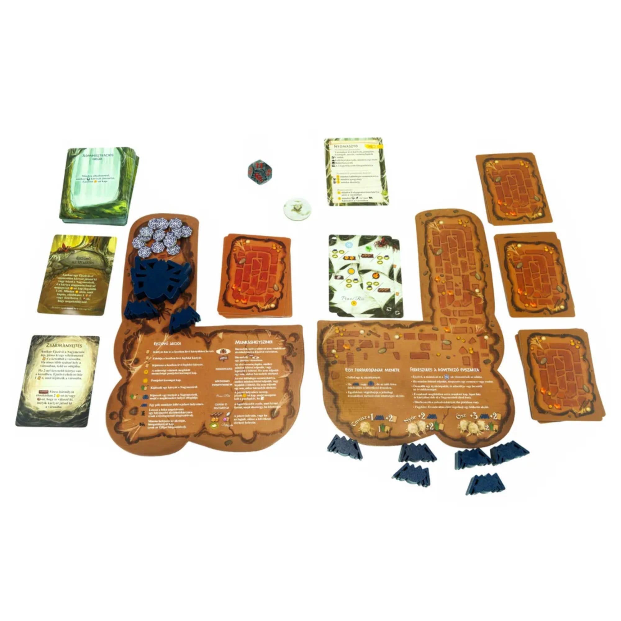Everdell – Ködrengteg társasjáték – A Ködrengteg játékelemek részletes elrendezése, speciális táblák, kártyapaklik és figurák felülnézetből.