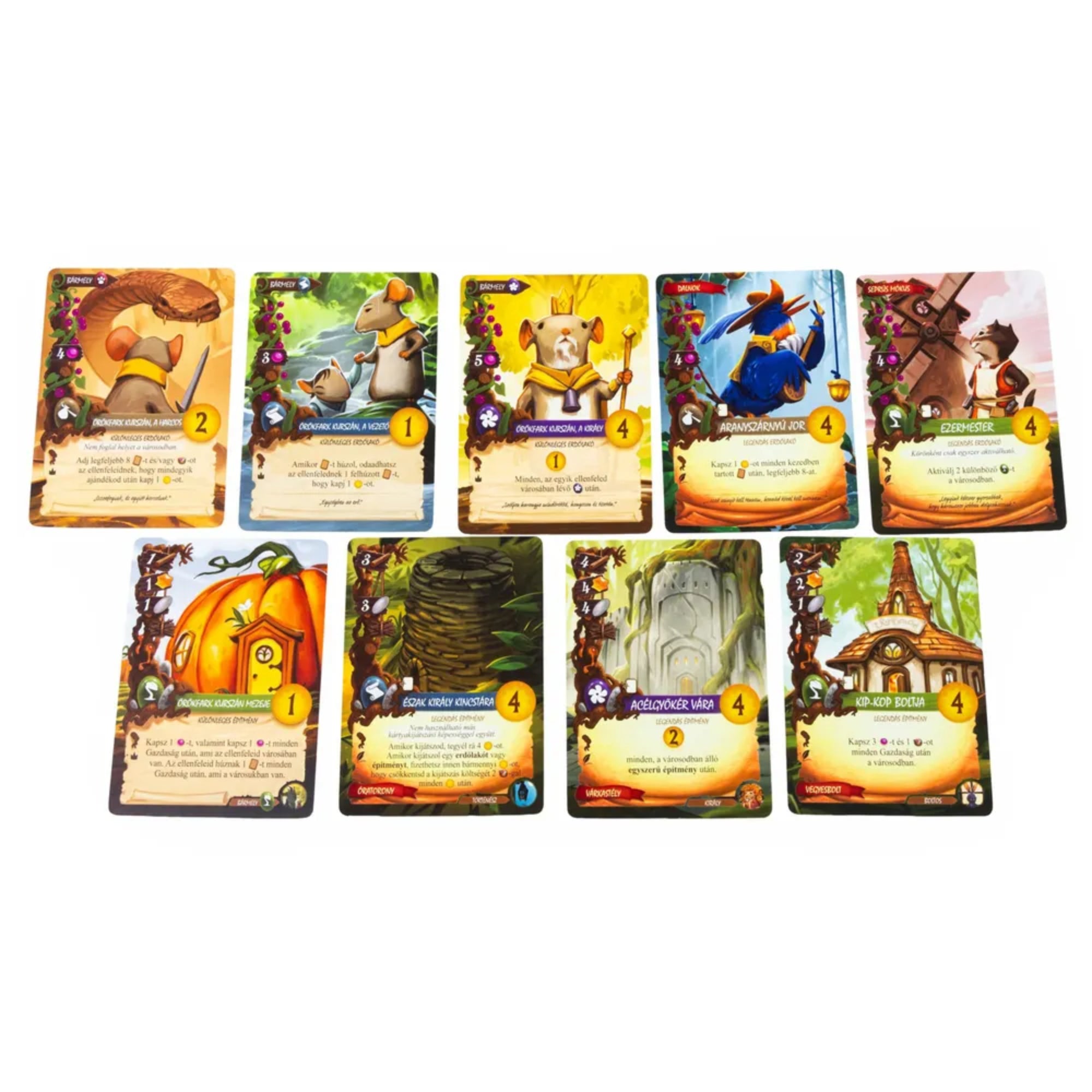 Everdell – Ködrengteg társasjáték – Közelkép a Ködrengteg kártyáiról, karakter- és épületkártyák színes illusztrációkkal.