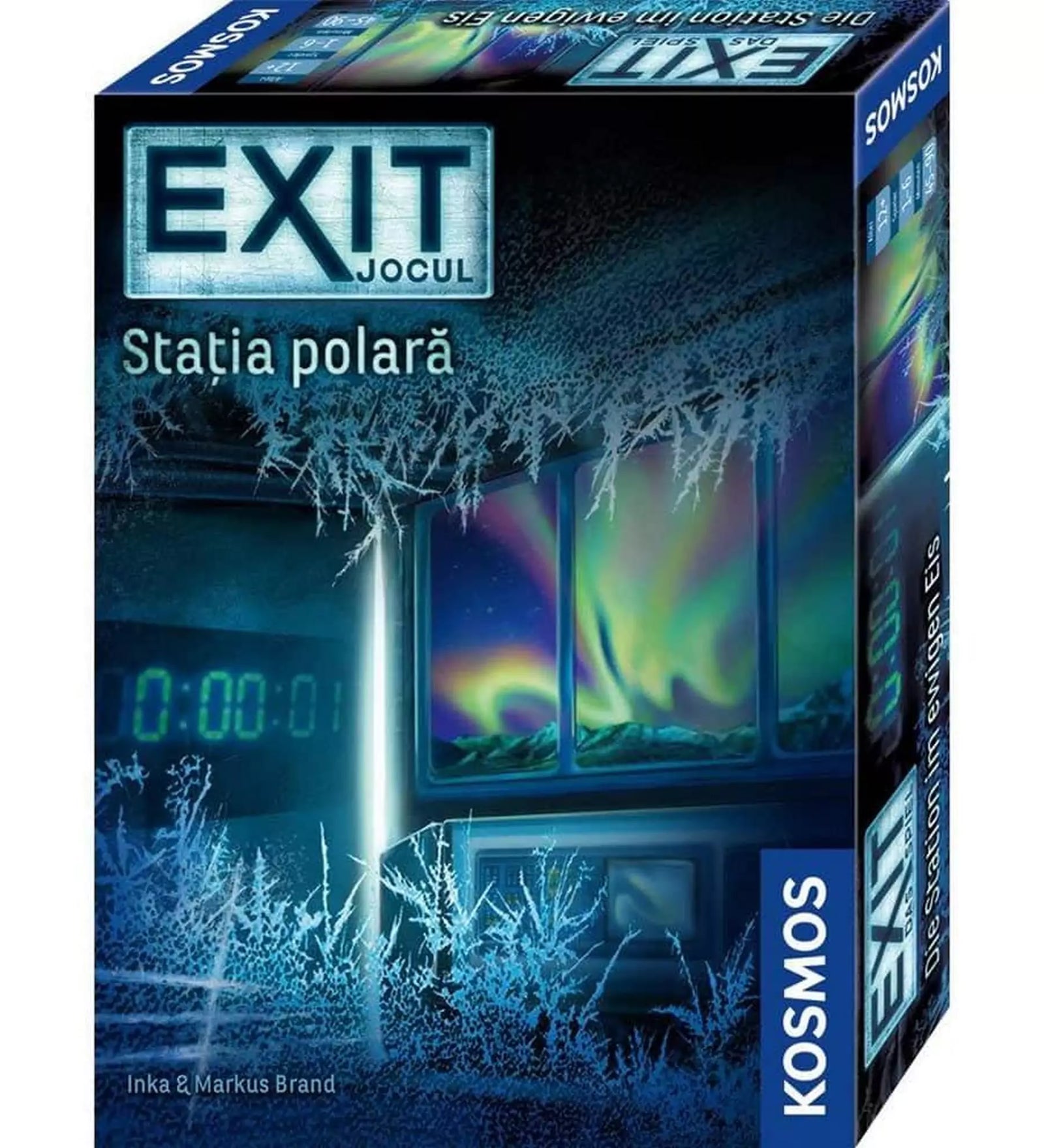 Az EXIT: Állomás a sarkkörön társasjáték doboza, jégkristályokkal borított ablakon át látható sarki fényes tájjal, digitális visszaszámlálóval a háttérben.