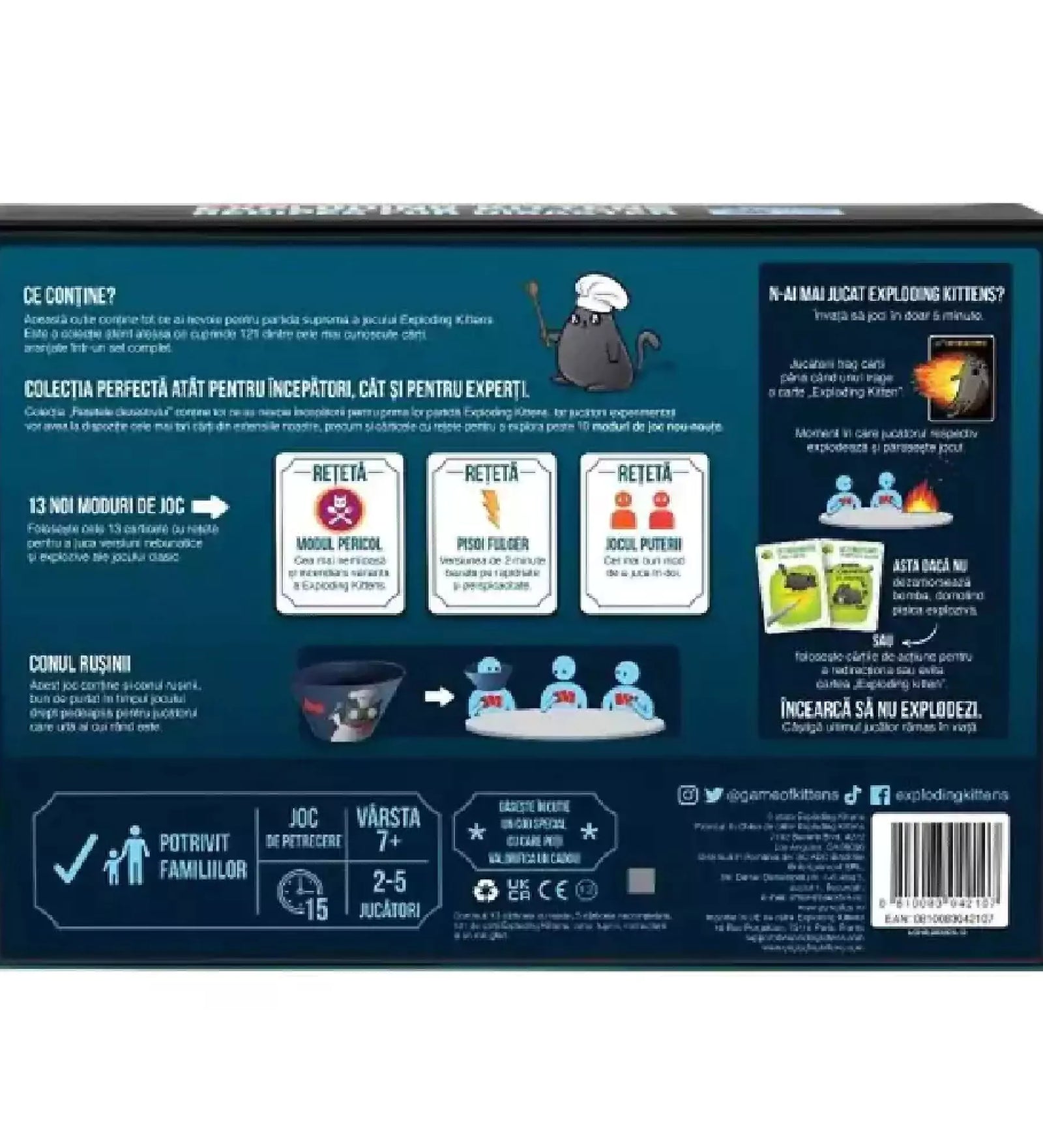 Az "Exploding Kittens: Rețetele Dezastrului" társasjáték hátoldala, amely bemutatja a játék tartalmát, különböző játékmódokat és a "Szégyenkúpot".