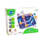 A Hola Explore Planets doboza, rajta az űrtémájú pályatervező játék színes elemeivel és a robotfigurával.