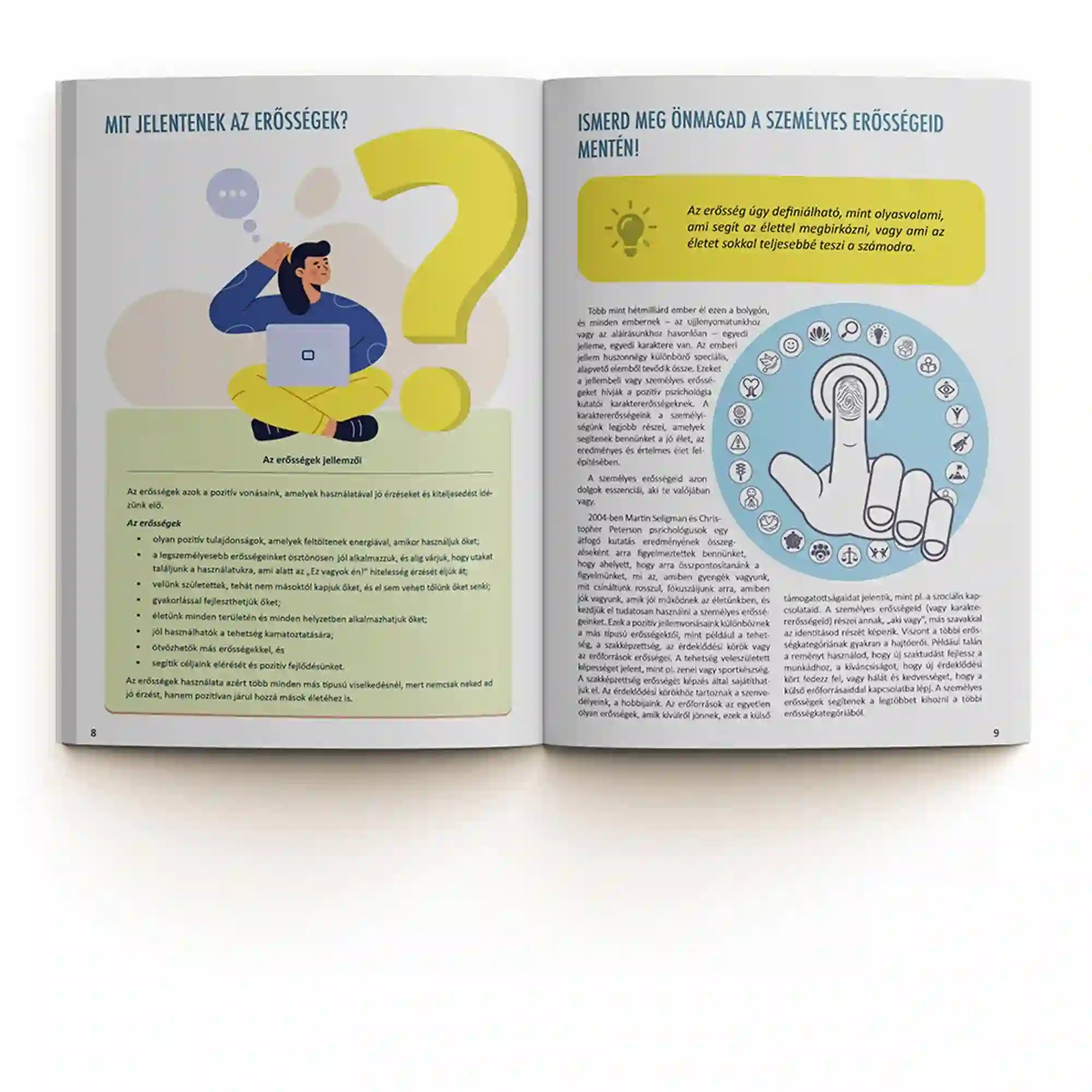 Ez vagyok én! munkafüzet – belső oldalak erősségek témában: Nyitott könyv illusztrációkkal és szöveggel az erősségek jelentéséről és önismereti gyakorlatokról.