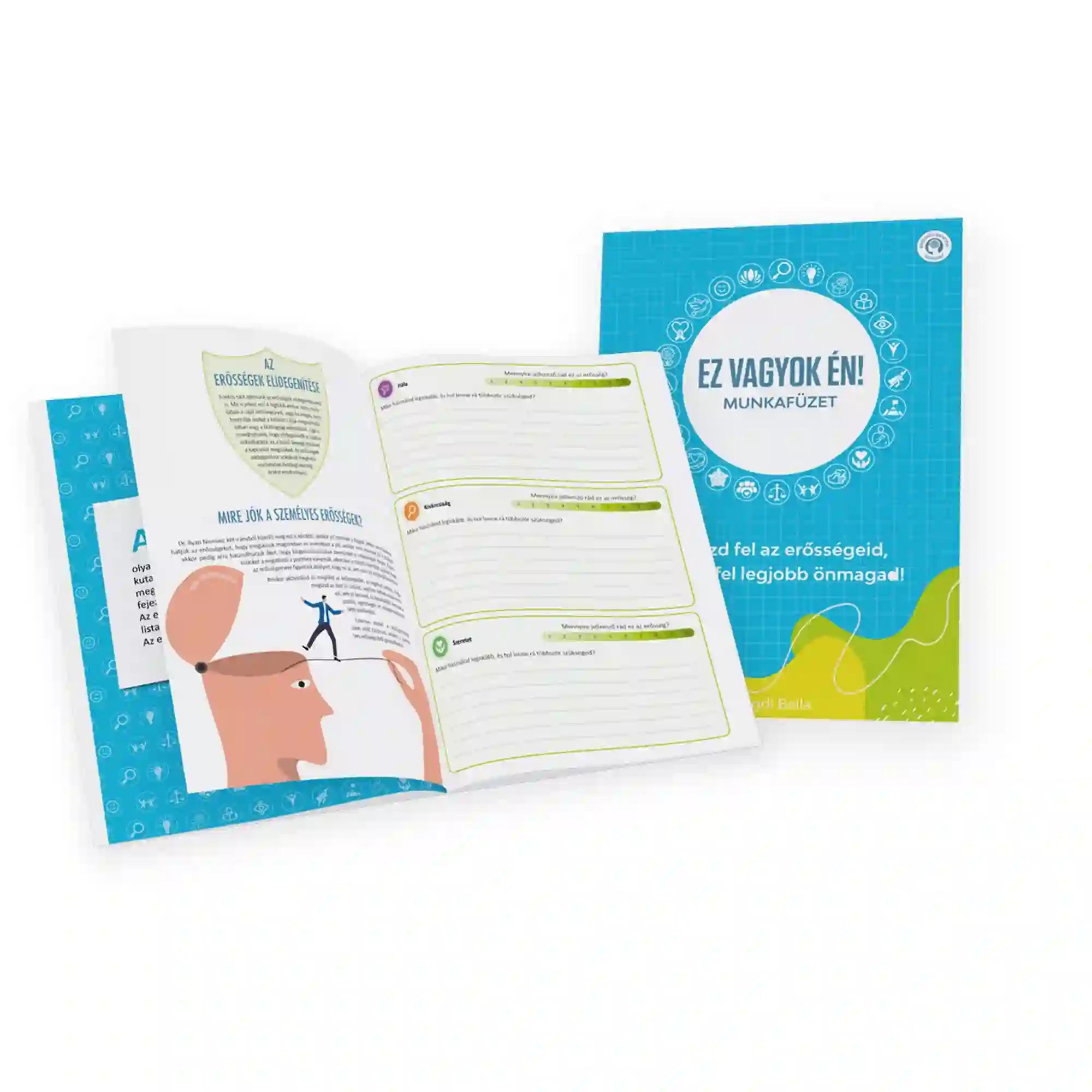Ez vagyok én! munkafüzet – teljes készlet és belső oldalak: Kinyitott és zárt munkafüzet együtt, önismereti feladatokkal és kreatív gyakorlatokkal a személyes fejlődéshez.