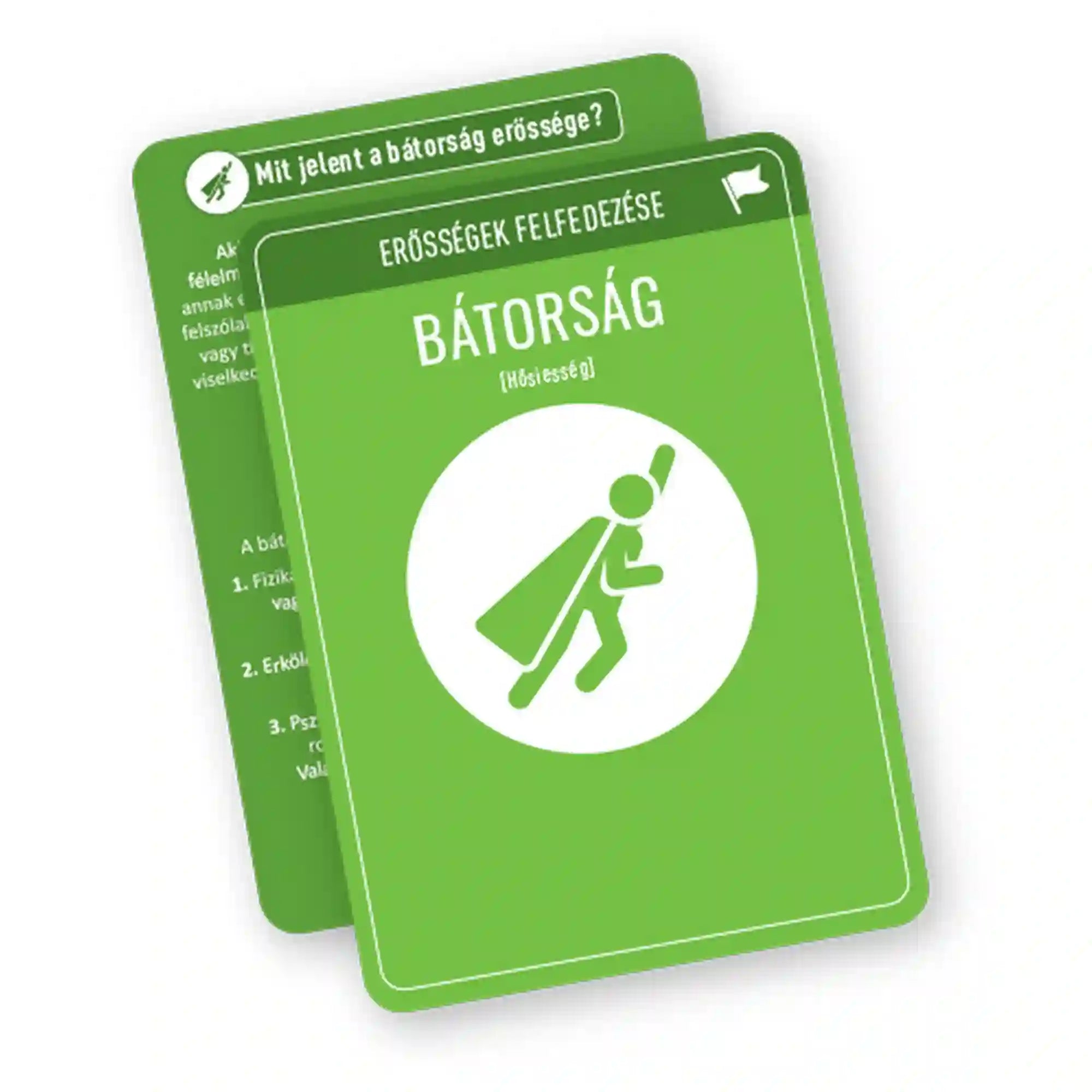 Ez vagyok én! – önismeret-fejlesztő kártyajáték – Bátorság kártya: Zöld színű kártya „Bátorság” felirattal és szuperhős pózban futó figura ikonnal, az erősségek felfedezésének témájában.