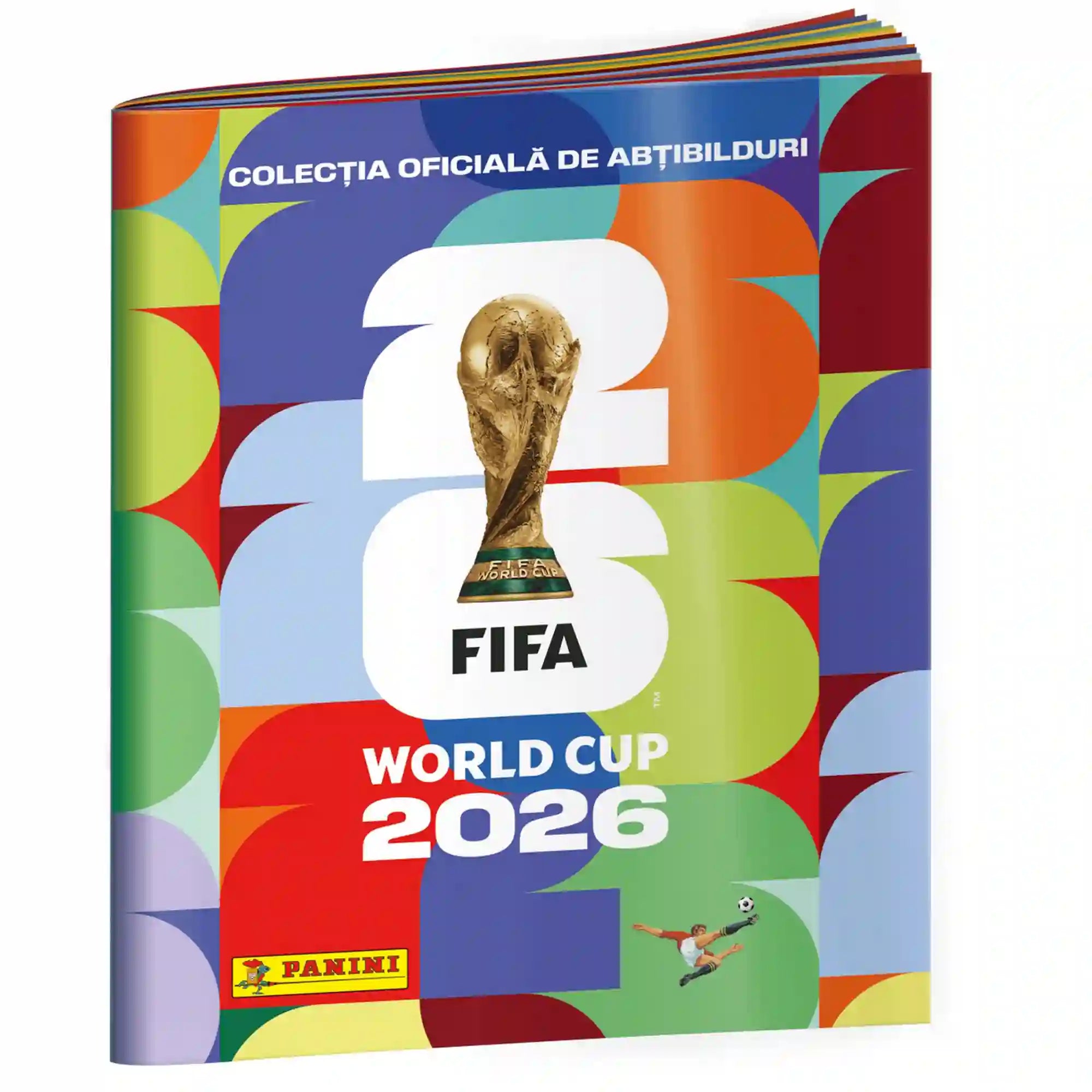 Panini FIFA World Cup 2026 matricaalbum színes borítóval, FIFA világbajnoki trófeával és hivatalos Panini logóval elölről fotózva.