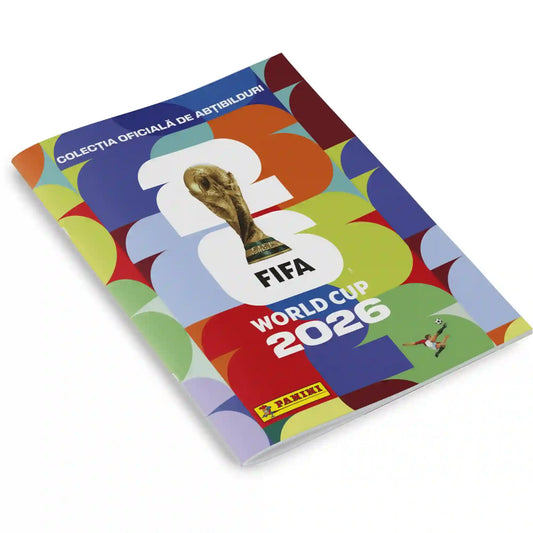 Panini FIFA World Cup 2026 gyűjtőalbum fölül nézetből, színes geometrikus mintával és FIFA világbajnoki trófeával a borítón.