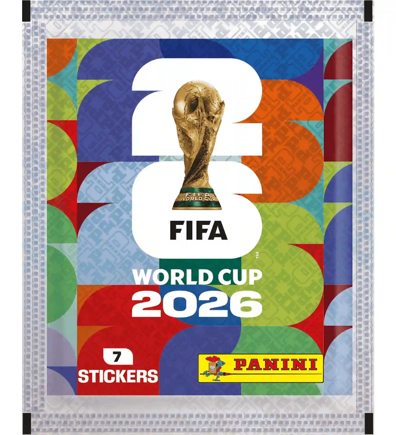 Panini FIFA World Cup 2026 7 stickeres csomag színes dizájnnal, FIFA világbajnoki trófeával és hivatalos Panini logóval a gyűjtőmatricák csomagolásán.
