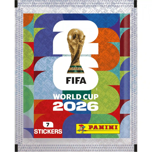 Panini FIFA World Cup 2026 7 stickeres csomag színes dizájnnal, FIFA világbajnoki trófeával és hivatalos Panini logóval a gyűjtőmatricák csomagolásán.