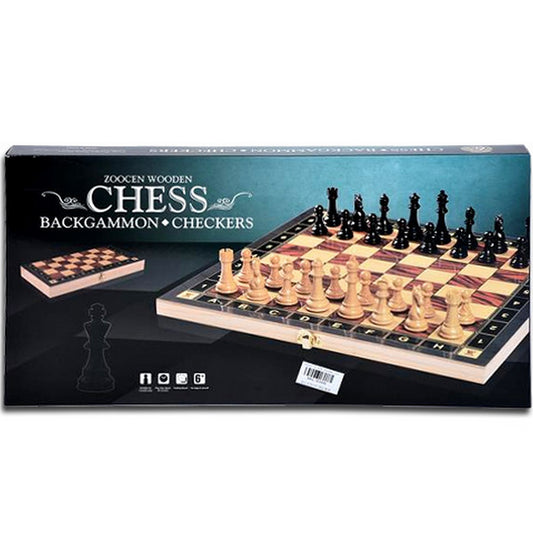 Sakk 3 az 1-ben játékszett fából 34 cm – dobozos kiszerelésű fa sakk-, backgammon- és dámajáték készlet, felállított sakkfigurákkal.