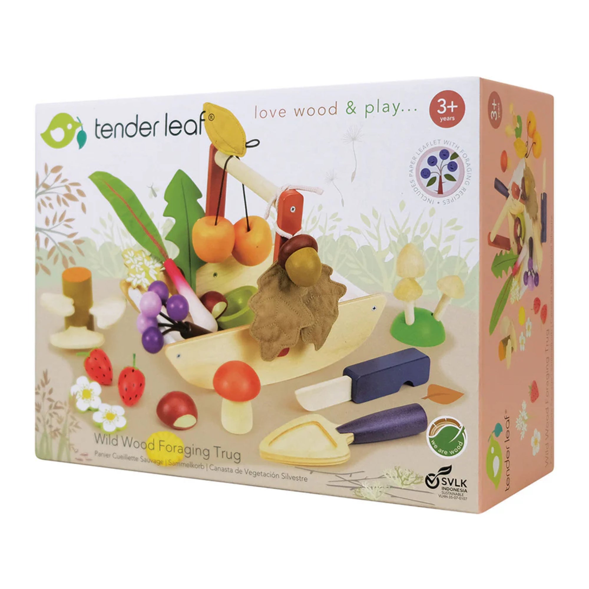 A Tender Leaf Wild Wood Foraging Trug doboza, amelyen a természetes fa kosár és a benne található gyűjthető erdei termések láthatók.