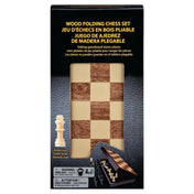 „Wood Folding Chess Set doboza: fa mintás összecsukható sakk tábla ablakkal, mellé helyezett világos király figurával.”