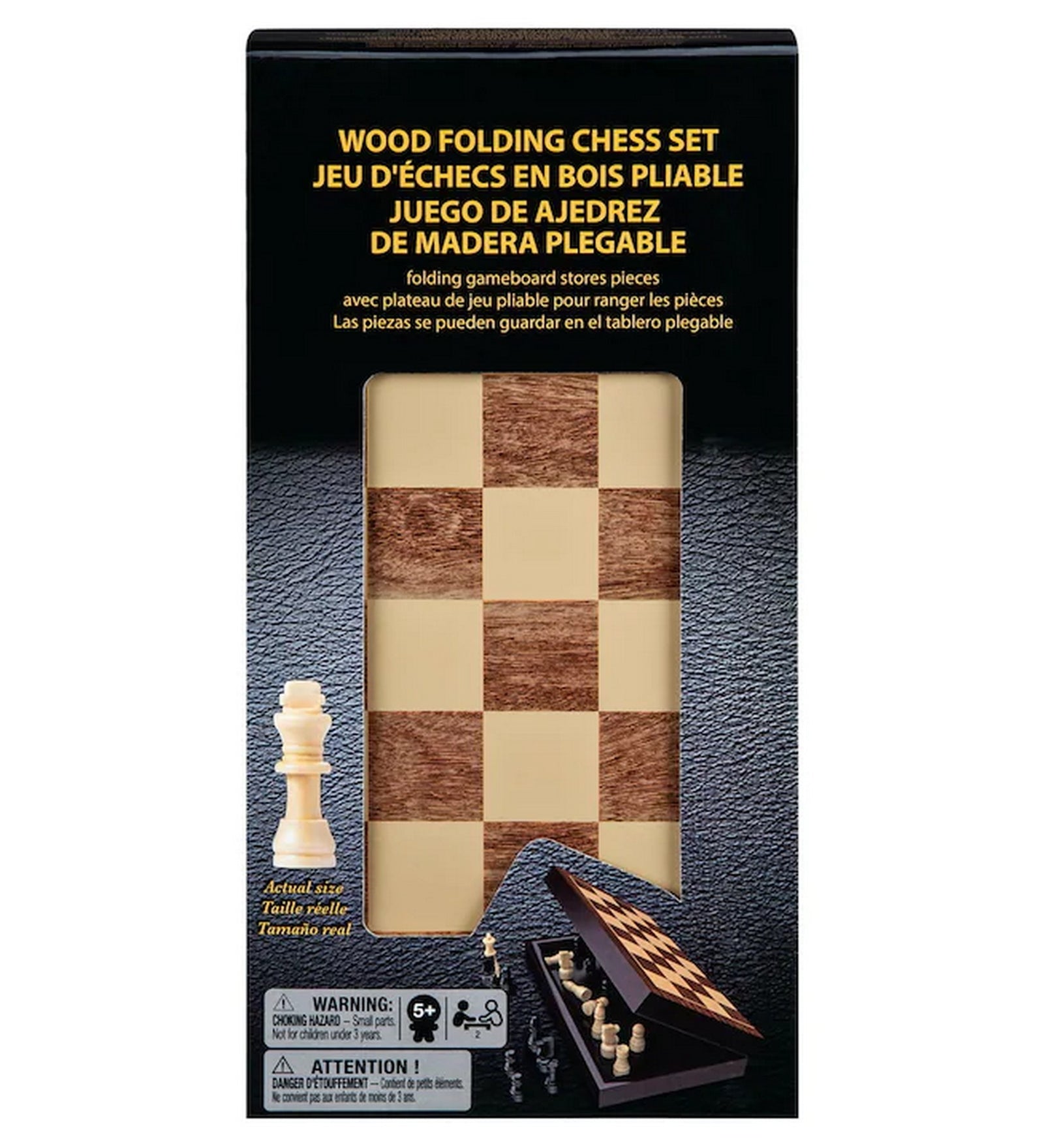 „Wood Folding Chess Set doboza: fa mintás összecsukható sakk tábla ablakkal, mellé helyezett világos király figurával.”