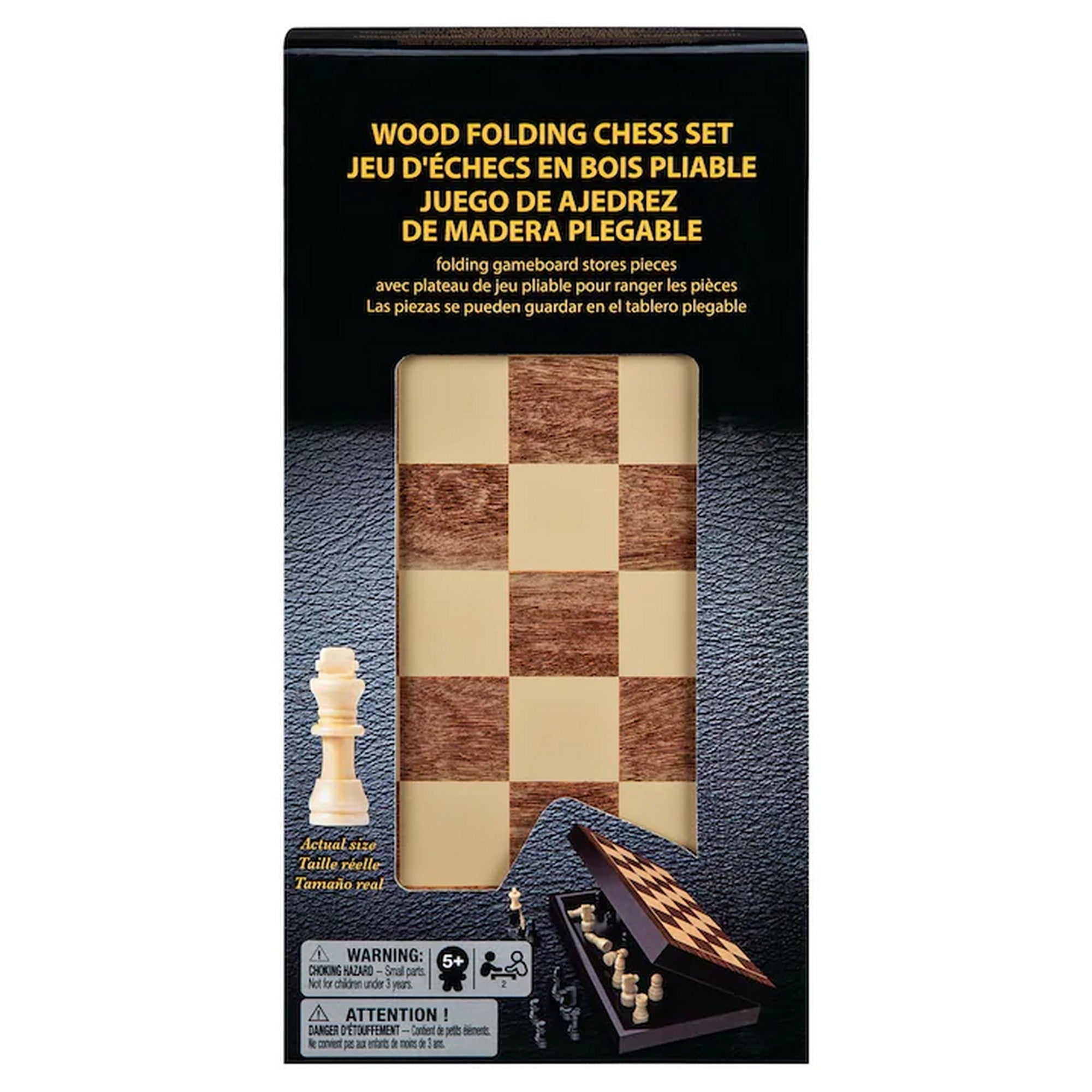 „Wood Folding Chess Set doboza: fa mintás összecsukható sakk tábla ablakkal, mellé helyezett világos király figurával.”
