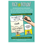A Fact or Fiction játék szabályismertetője román nyelven, rajzolt példával, amely bemutatja, hogyan kell három válaszból kettő megtévesztőt írni és a játékosok elé tárni.