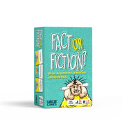 A Fact or Fiction társasjáték türkizkék színű doboza, rajta humoros grafikával és a játék nevével, alatta román nyelvű leírás, amely szerint a játékban a hazugságokat tálcán kínálják.