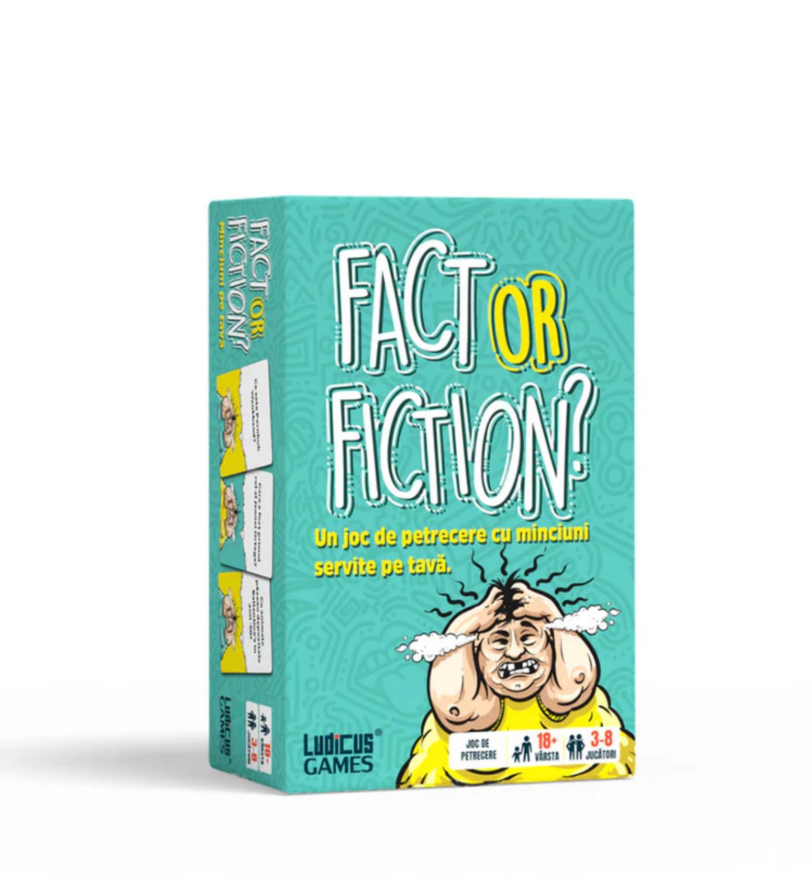 A Fact or Fiction társasjáték türkizkék színű doboza, rajta humoros grafikával és a játék nevével, alatta román nyelvű leírás, amely szerint a játékban a hazugságokat tálcán kínálják.