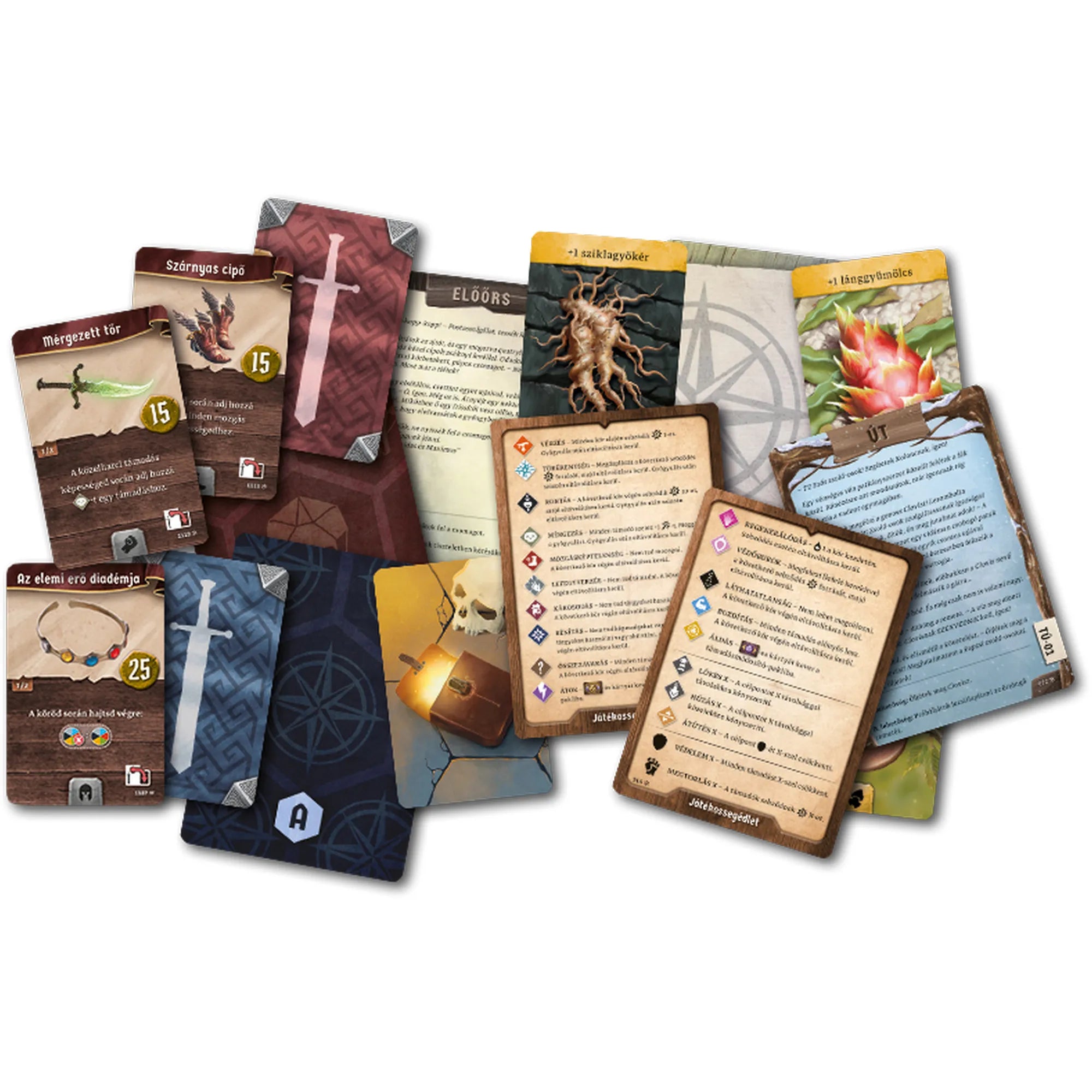 Fagyosrév magyar nyelvű társasjáték kártyái, képesség-, felszerelés- és eseménylapok változatos illusztrációkkal, ikonrendszerrel és tematikus fantasy dizájnnal.