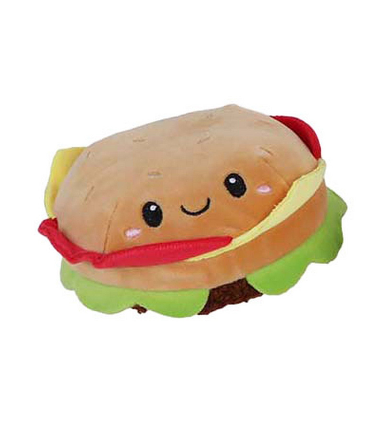 Mosolygós hamburger plüssfigura salátával, sajttal és paradicsommal, puha játék dekoráció fehér háttér előtt.