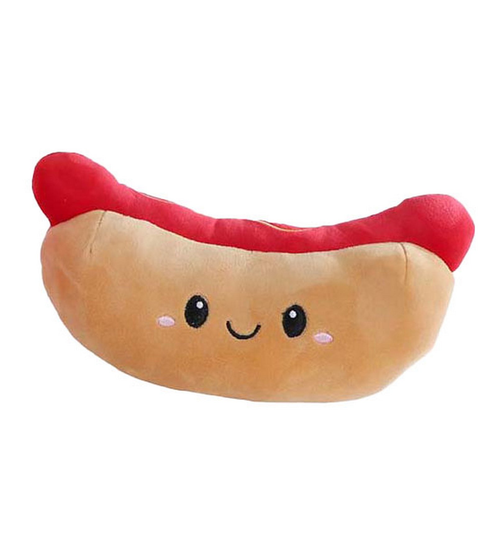 Mosolygós hot dog plüssfigura puha kiflivel és piros szósszal, aranyos étel formájú plüss játék fehér háttér előtt.