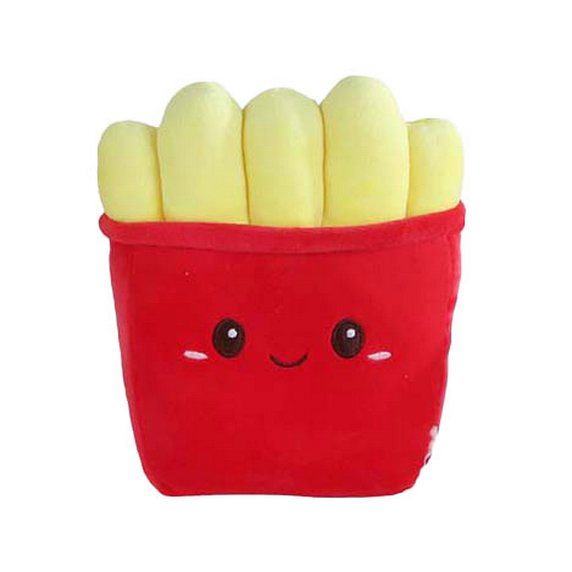 Mosolygós sült krumpli plüssfigura piros dobozban, puha krumplikkal, aranyos étel formájú plüss játék fehér háttér előtt.