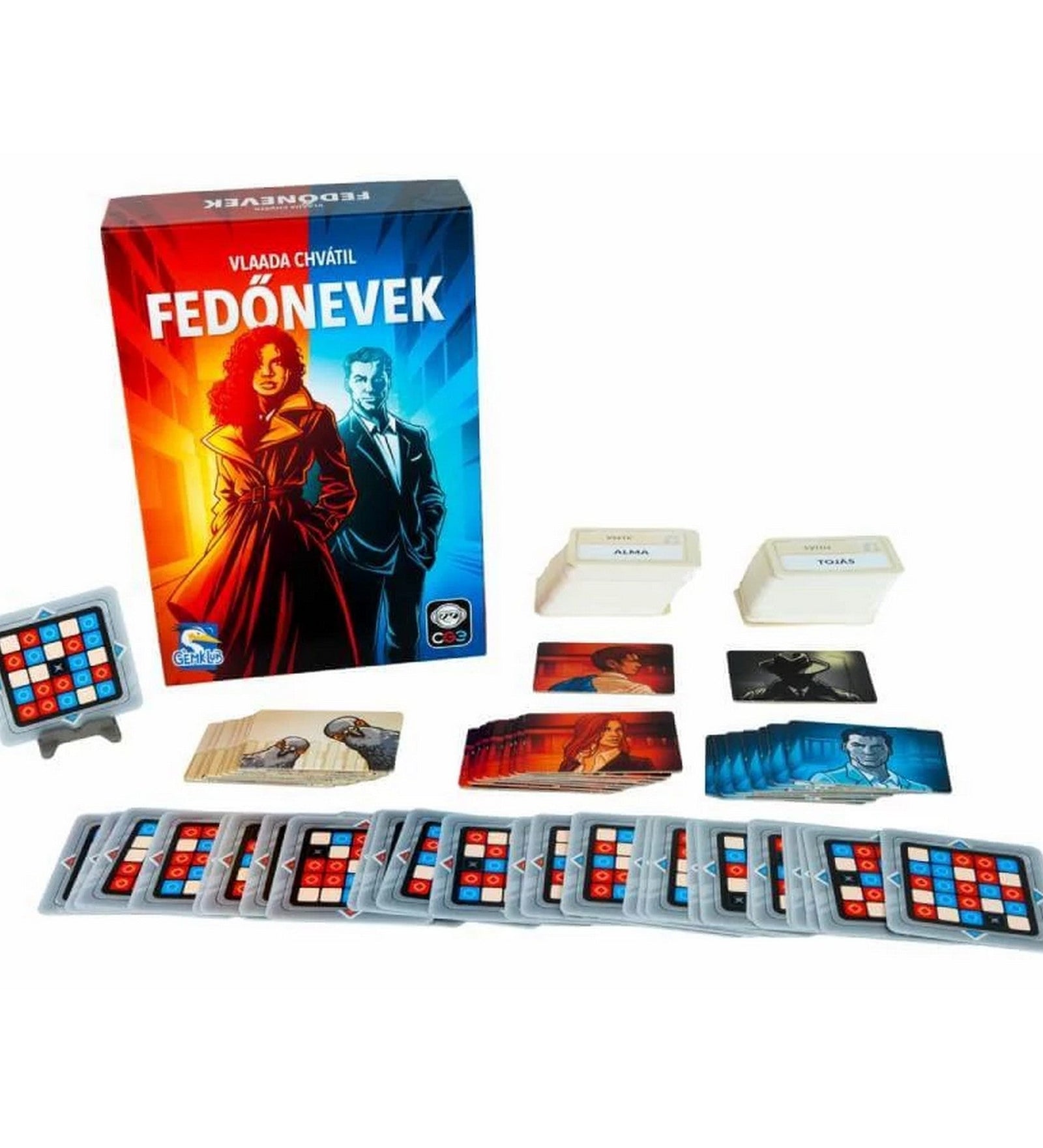 Fedőnevek társasjáték teljes tartalma kiterítve: doboz, kártyák, kódolótábla és jelölők