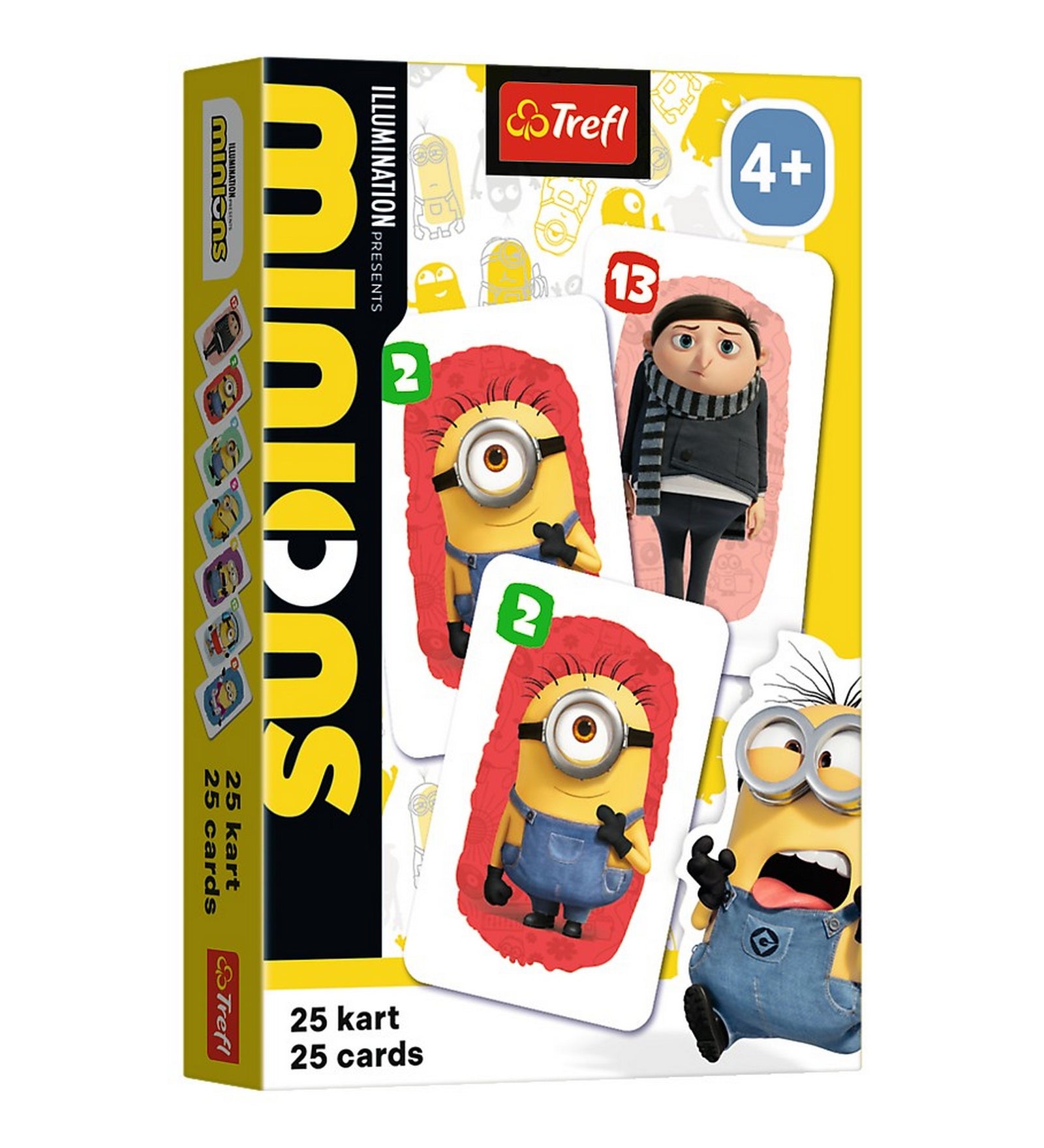 A Minions Fekete Péter kártyajáték doboza, előlapján Gru és a minyonok képeivel, 25 darabos készletként feltüntetve.