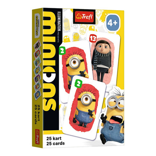 A Minions Fekete Péter kártyajáték doboza, előlapján Gru és a minyonok képeivel, 25 darabos készletként feltüntetve.