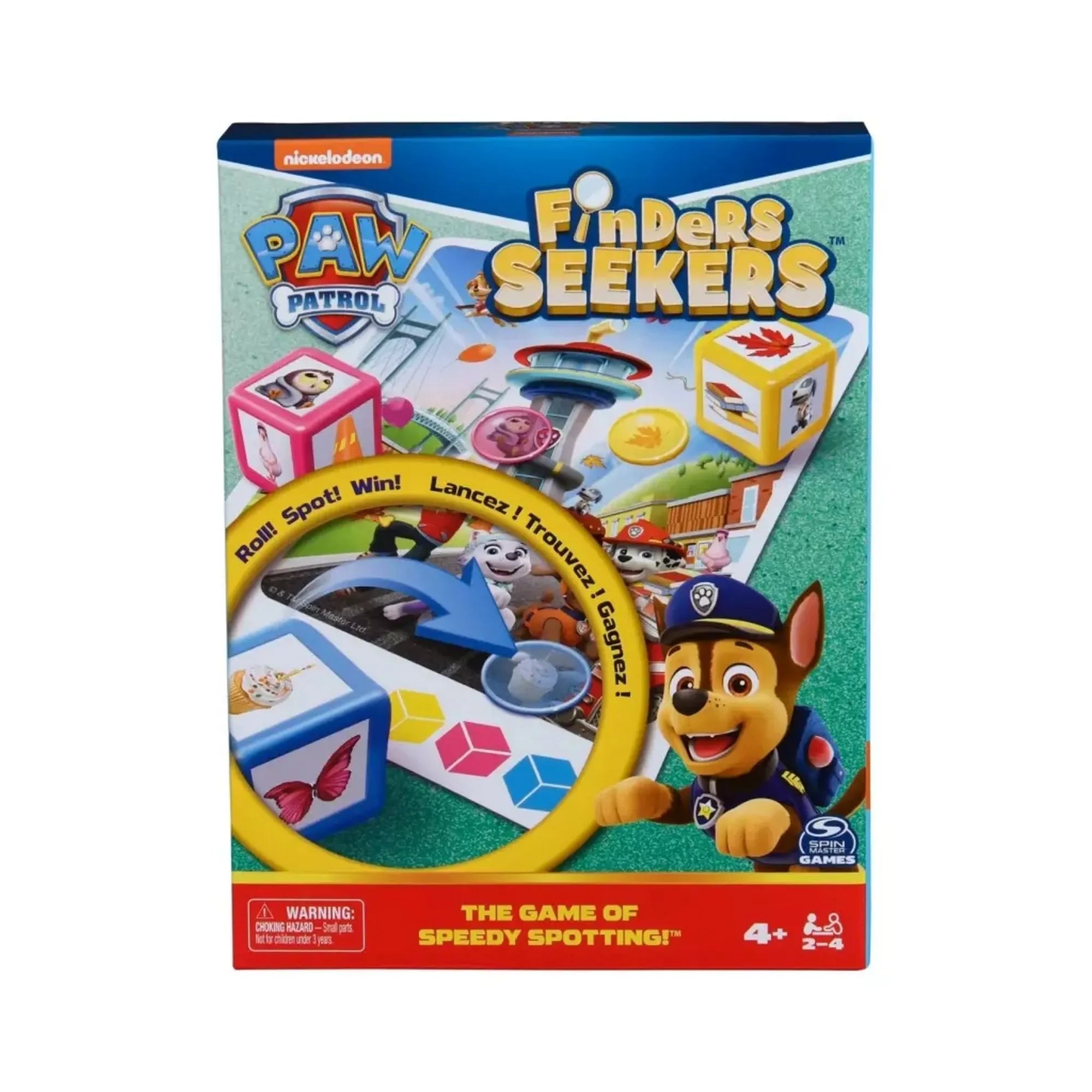 A Mancs Őrjárat Finders Keepers társasjáték doboza Chase karakterrel, színes illusztrációkkal és a játék elemeivel, kiemelve a „Roll! Spot! Win!” feliratot.